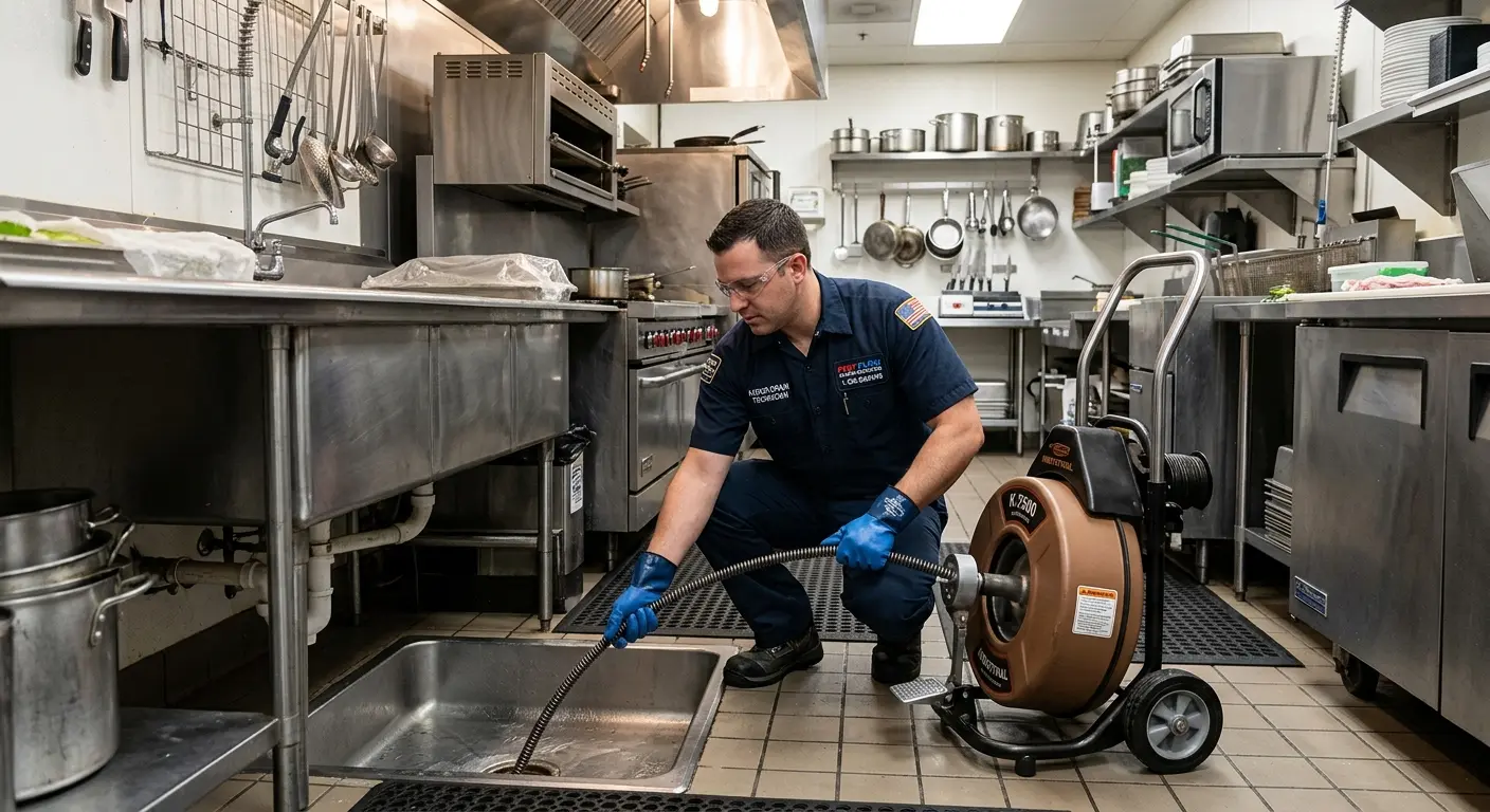 Commercial drain cleaning service in a restaurant kitchen in Geneseo