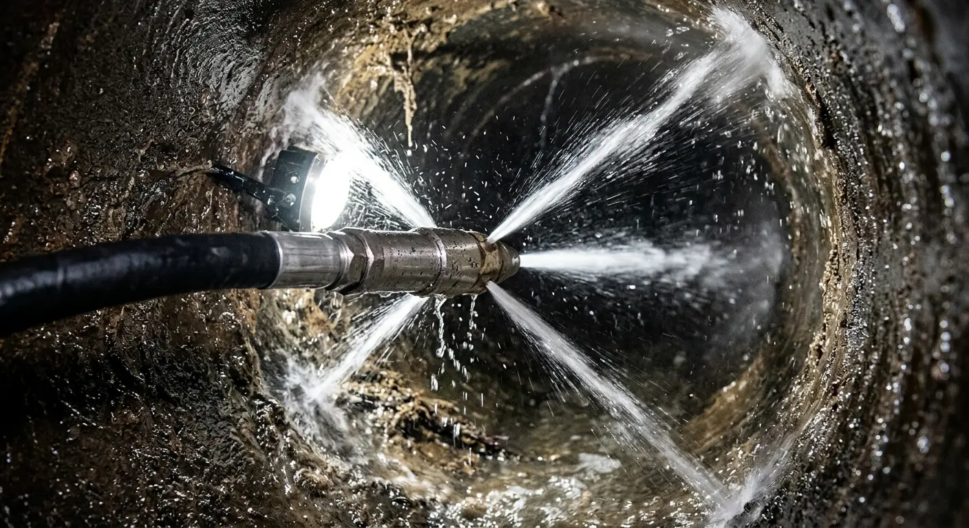 High-pressure hydro jetting nozzle cleaning sewer pipe for Sewer Cleanout in Geneseo