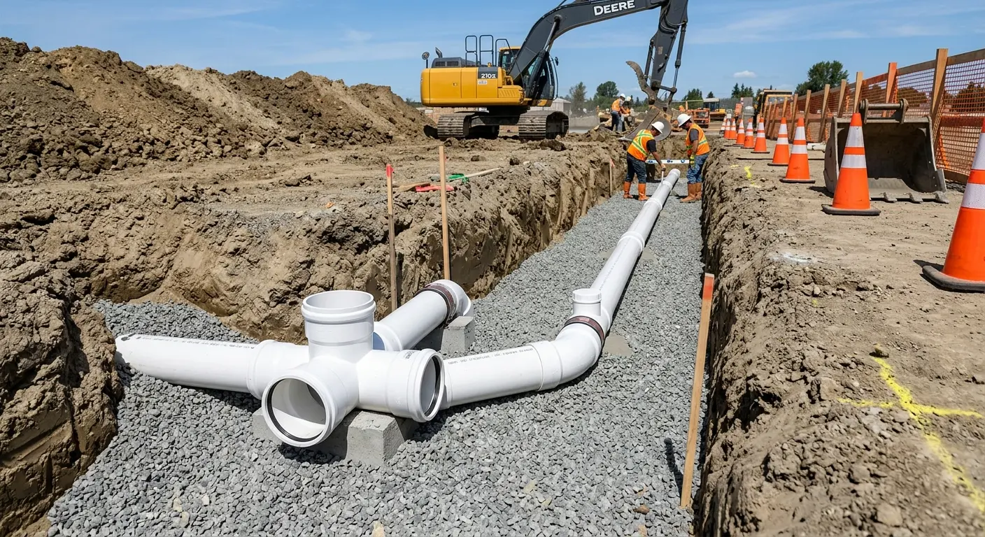 New PVC sewer pipe installation in open trench for Sewer Backup in Geneseo