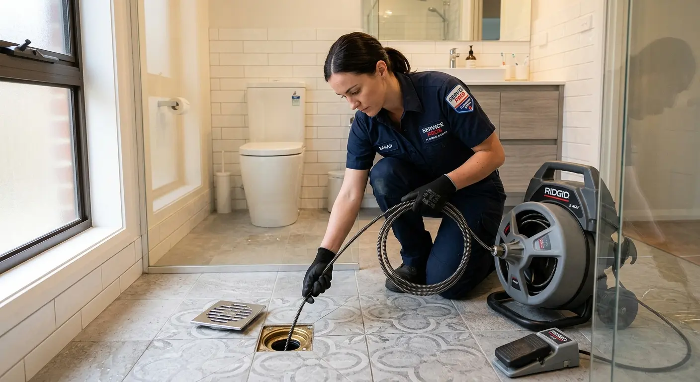 Technician clearing a bathroom floor drain for Drain Cleaning in Geneseo